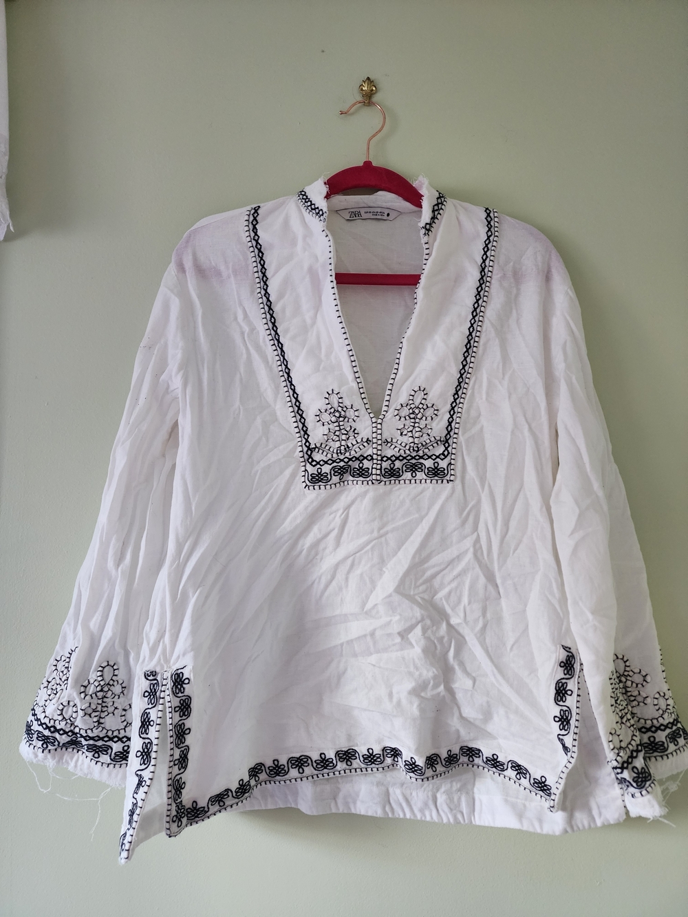 Zara White Tunic Top with Black Embroidery